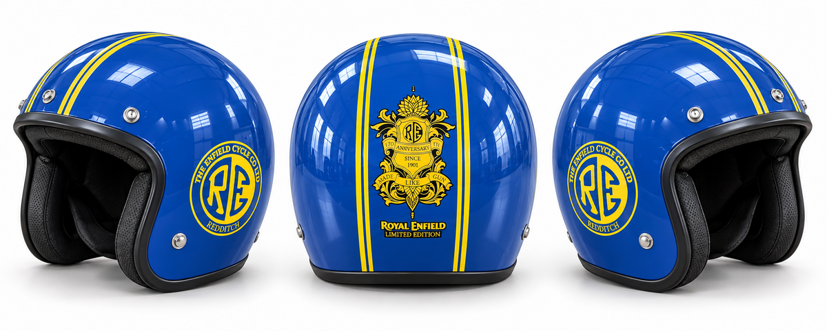Capacete combinando Blue Heritage 120 — azul e amarelo, três vistas