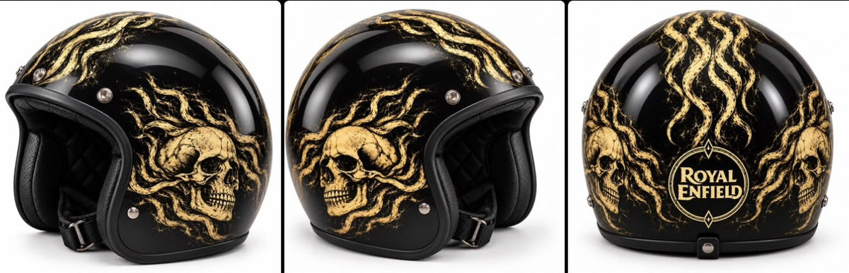 Capacete artístico Royal Enfield Skull Flames – Preto e Dourado SimonKustom em três ângulos