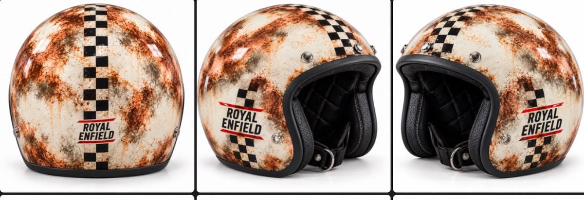 Capacete artístico Royal Enfield Rust Racing SimonKustom em três ângulos