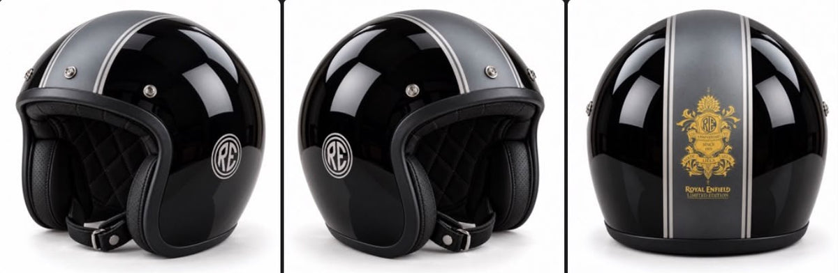 Capacete artístico Royal Enfield Classic – Preto e Cinza SimonKustom em três ângulos