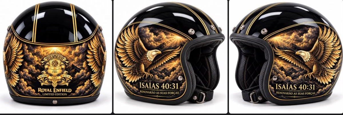 Capacete artístico Royal Enfield Águia – Isaías 40:31 SimonKustom em três ângulos
