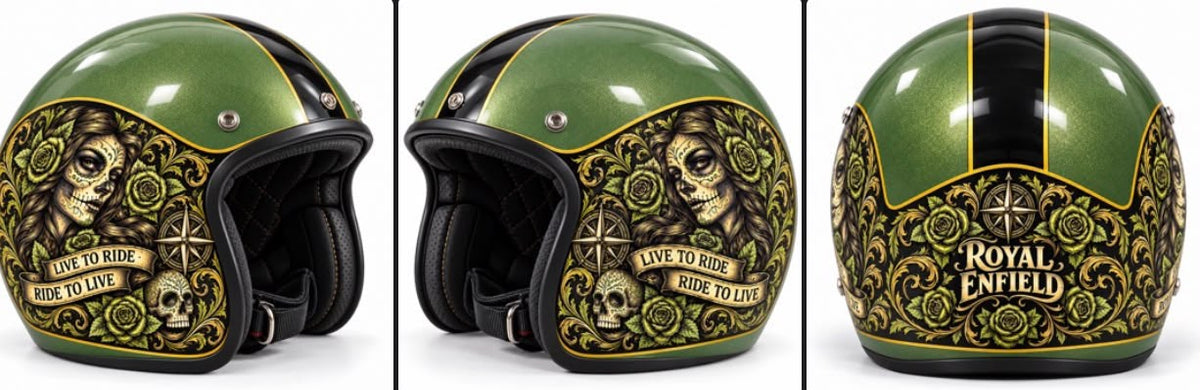Capacete artístico Royal Enfield Catrina – Verde e Dourado SimonKustom em três ângulos